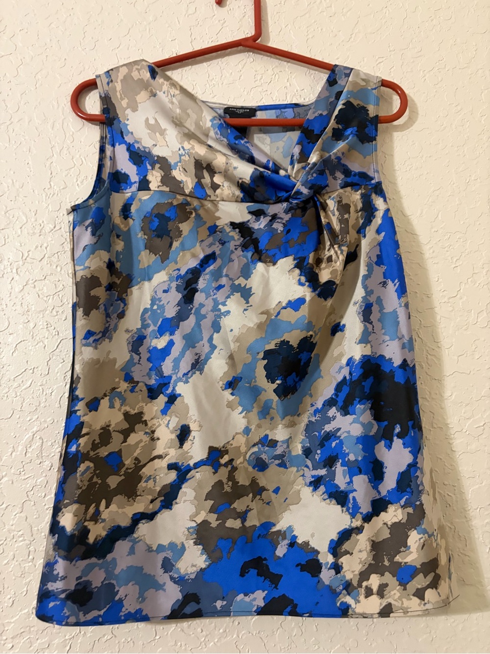 Ann Taylor Sleeveless Knot-Neck Blouse in Blue, Gray, Black, Cream